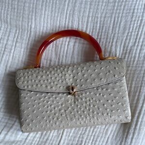 VINTAGE 50s Style Faux Ostrich Top Handle Bag | Lucite Handle | Ivory